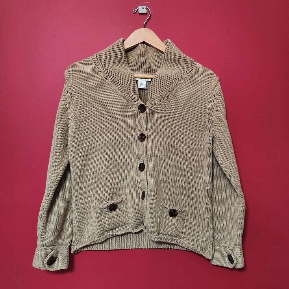 Talbots Tan Heavy Weight Cotton Collared Cardigan Size M